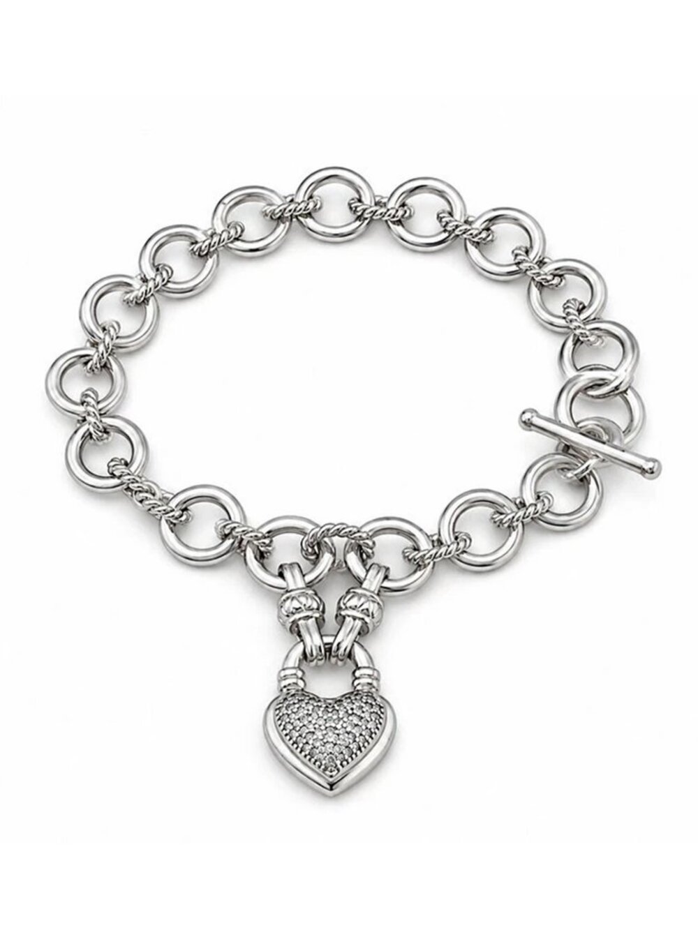 Genuine Diamonds Link Heart Charm Bracelet Solid .925 Silver
